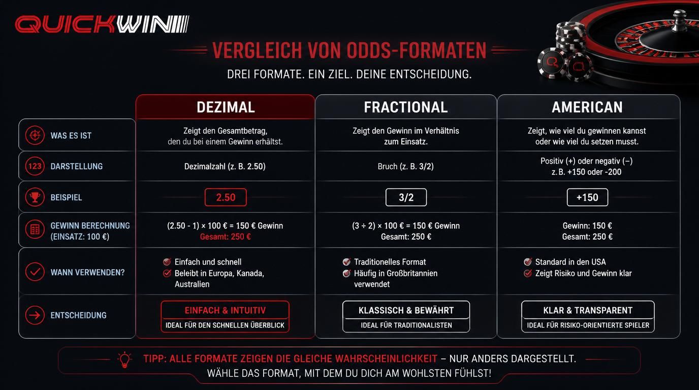 Vergleich der Quotenformate Dezimal, Fractional und American mit Beispielen