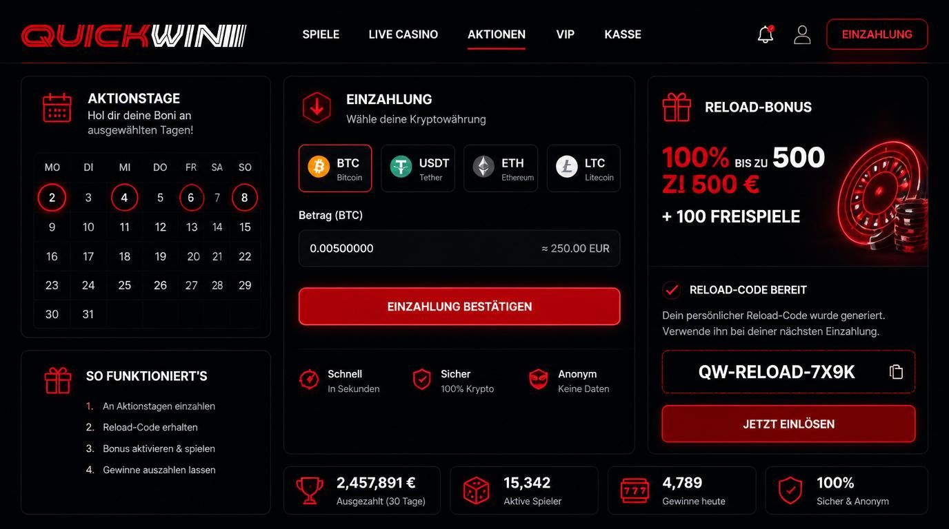 Kalender, Einzahlung und Krypto Reload-Bonus-Angebot.