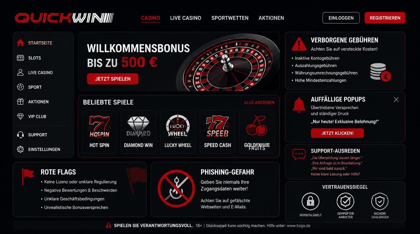 Warnsignale wie versteckte Gebühren und Phishing optisch hervorgehoben