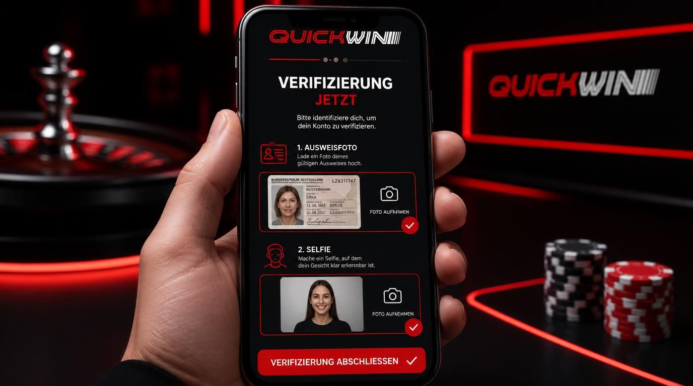 Hand hält Smartphone, Bildschirm zeigt Verifizierung mit Ausweis und Selfie.