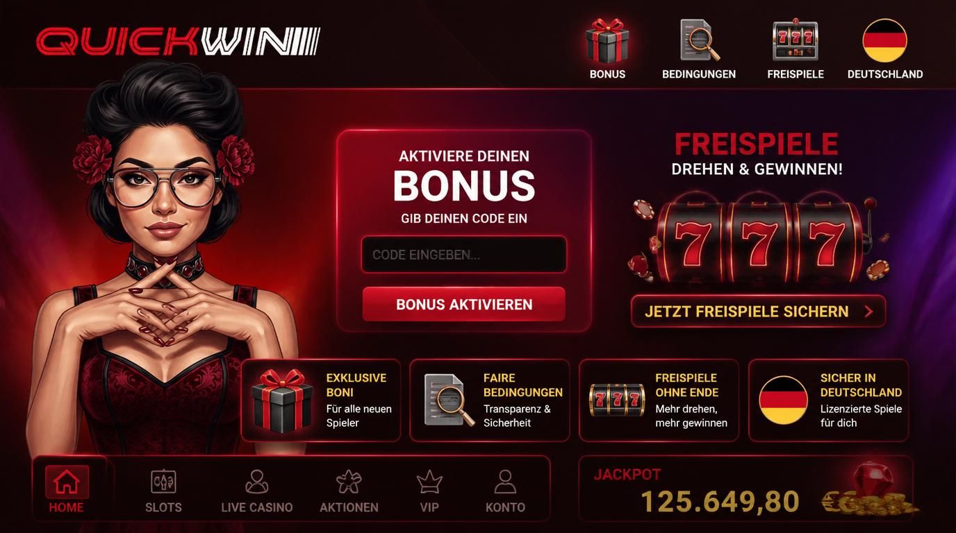 Eine visuelle Darstellung der wichtigsten Aspekte eines Promo-Codes bei QuickWin: Bonus, Umsatzbedingungen und Freispiele